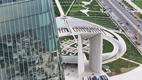 Azerbaijan Modern Skyscraper Reflection to Monumental Complex, City Aerial View Stock Footage 341906420