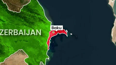 Azerbaijan nation highlighted on map with capital Baku glowing red motion video Stock Footage 342519910