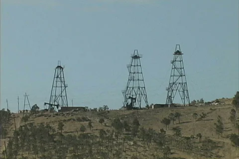 Azerbaijan Oil well derricks Stock Footage