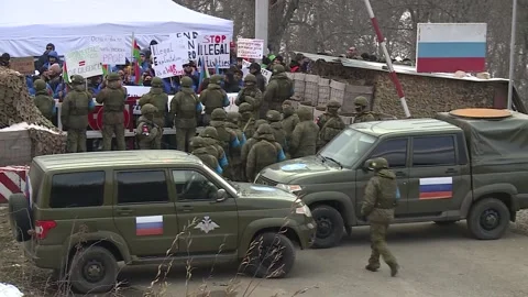 Azerbaijani eco-activists protesting illegal exploitation Khankandi-Shusha road Stock Footage 228256550