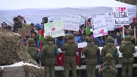 Azerbaijani eco-activists protesting illegal exploitation Khankandi-Shusha road Video stock 228256829