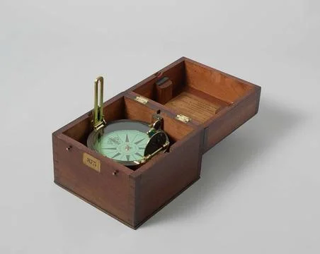 Azimuth Compass in Wooden Box. Azimuth compass in a wooden box. The compas... Stock Photos