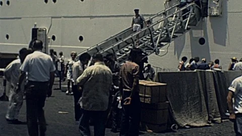 Azores 1976: people leave the ship after arriving Stock Footage