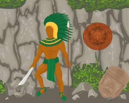 Aztec ancient warrior with knife, spear, feather headdress vector illustration. Stock Illustration