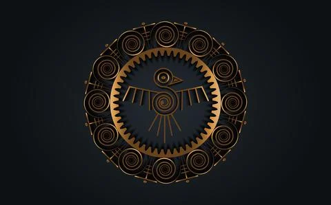 Aztec Bird round frame sign isolated ancient religion symbol. Gold Maya icon Stock Illustration