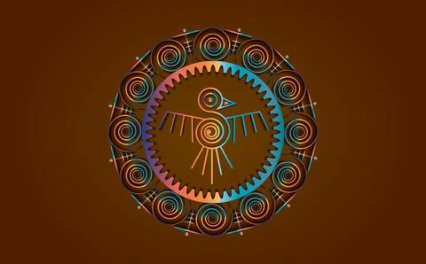 Aztec Bird round frame sign isolated ancient religion symbol. Vector Maya Stock Illustration
