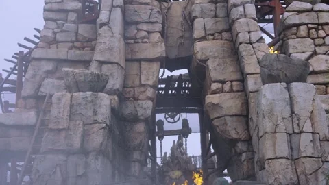 Aztec Cursed Gods Themed Temple Ride, Rollercoaster with Flames and Smoke, Tilt Video stock 342893912