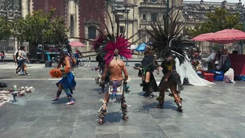 Aztec Dancers Performing with Drum in Mexico City Square Stock Footage 320992892