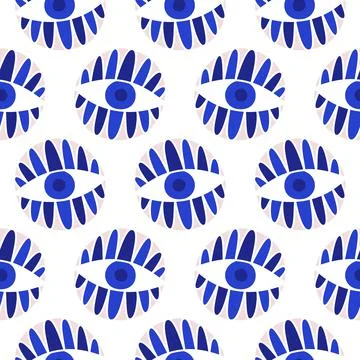 Aztec Evil eyes seamless pattern in blue, white, colors イラスト素材