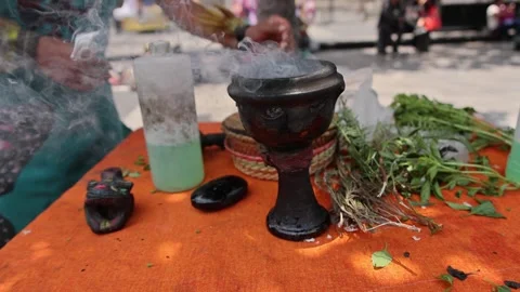 Aztec Ritual Cleansing Table With Smoking Incense Burner Herbs Mexico City Video stock 344627209