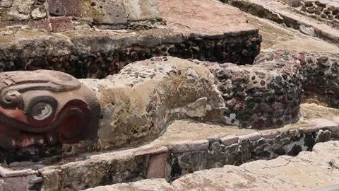 Aztec Serpent Head Sculpture At Foot Of Tlaloc Staircase Templo Mayor Video stock 344627231