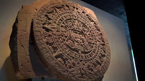 Aztec sun stone calendar monolith at National Museum of Anthropology in Mexico Video stock 342903992