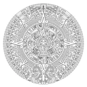 Aztec Sun Stone with the solar deity Tonatiuh and year of the Fifth Sun Stock Illustration