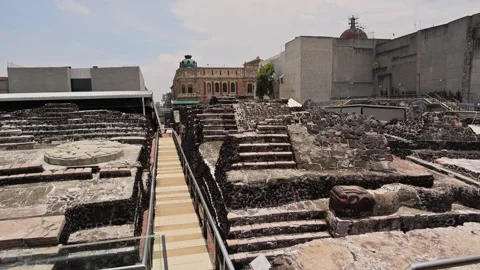 Aztec Templo Mayor Archeological Ruins With Staircase And Stone Disk Video stock 344627244