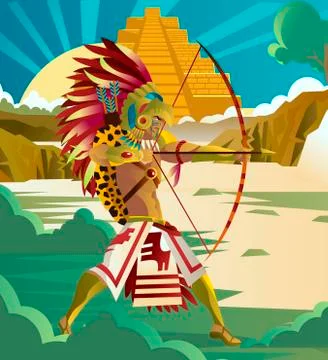 Aztec warrior with bow and arrow in the jungle Stock Illustration