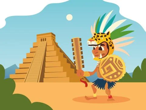 Aztec warrior tiger headgear shield and pyramid landscape Stock Illustration