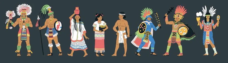 Aztecs or Maya. Ancient tribe. Set of characters. Stock Illustration