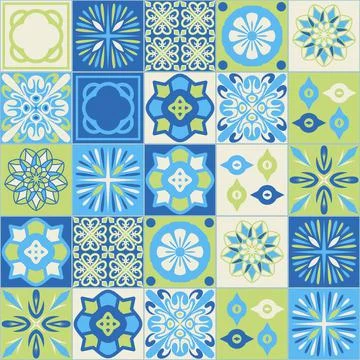 Azulejo blue ceramic square tile, spanish portuguese style blue green color,  Ilustración de archivo