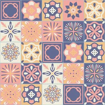 Azulejo ceramic square tiles, spanish mediterranean style purple pink color イラスト素材