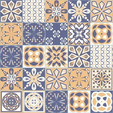 Azulejo Style Decorative Ceramic Tile Blue Purple Beige White Pastel Color Tr 库存插图