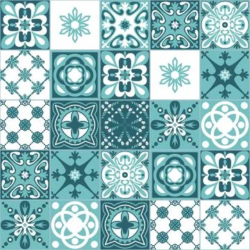 Azulejo talavera ceramic tile pattern, green mint white background, vector il Illustrazione stock