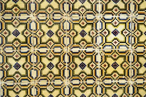 Azulejo tile pattern, geometric design with blue, yellow, and red elements Stock Photos