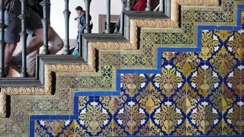 Azulejos on staircase inside Spain Square Stock Footage 296708871