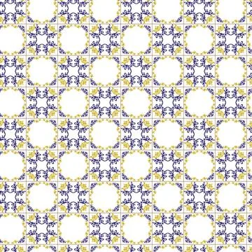 Azuleyo seamless pattern yellow and blue ornament.Portugal geometric ceramics. Stock Illustration