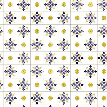 Azuleyo seamless pattern yellow and blue ornament.Portugal geometric ceramics. Stock Illustration