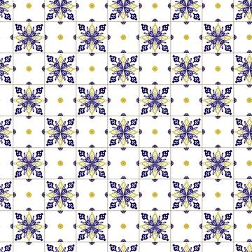 Azuleyo seamless pattern yellow and blue ornament.Portugal geometric ceramics. Stock Illustration