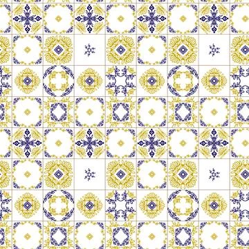 Azuleyo seamless pattern yellow and blue ornament.Portugal geometric ceramics. Stock Illustration