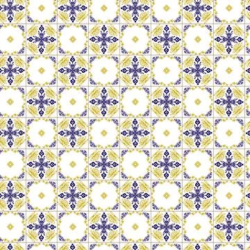 Azuleyo seamless pattern yellow and blue ornament.Portugal geometric ceramics. Stock Illustration