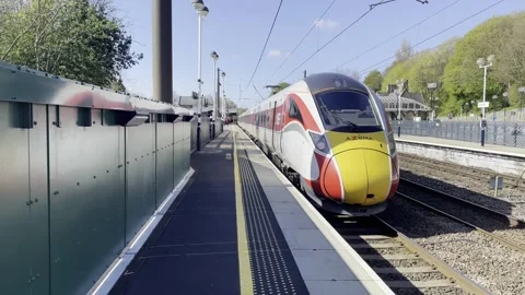 Azuma Train leaving Durham Station HDR 4K Stock Footage 197070473