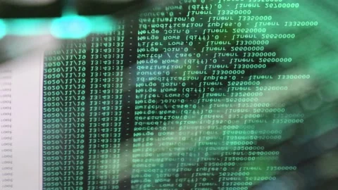 Azure computer software code moving on a black monitor reflect on glass. Abst 스톡 동영상 144047381