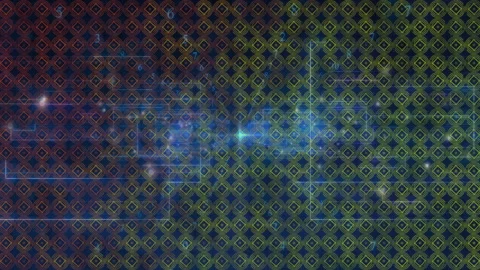 Azure node glowing at center driving colored grid morphing over bracket lines Stock Footage 311584675