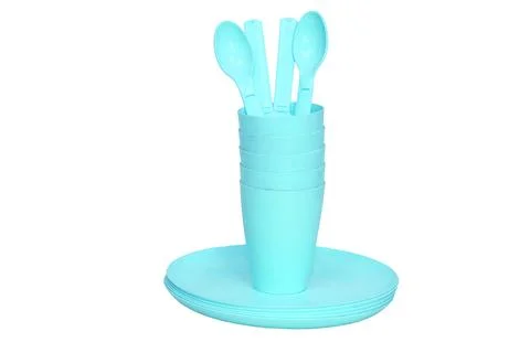 Azure travel camp plastic dinnerware set.Cup,plate,knife,spoon Stock Illustration
