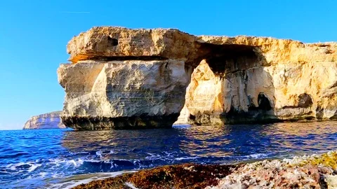 Azure Window, Famous Stone Arch Of Gozo Island  In Summer, Malta Stock Footage 109054937