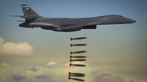 B-1 Bomber (B-1B Lancer) releases smart bombs on enemy positions. Stock Footage 18196295