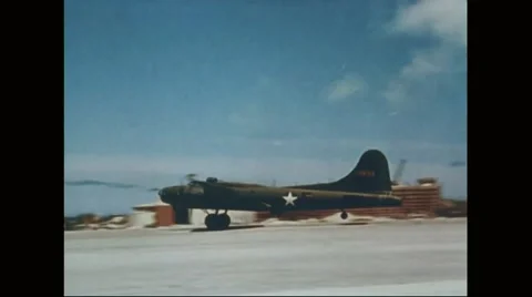 B-17 flying fortress taking off from airfield Stock Footage