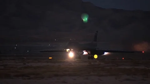 B-1B Bomber takes off at night - 2017 Stock Footage 86854006