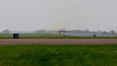A B-1B Lancer from the 489th Bomb Group, Dyess AFB lands at RAF Fairford Stock Footage 82946538