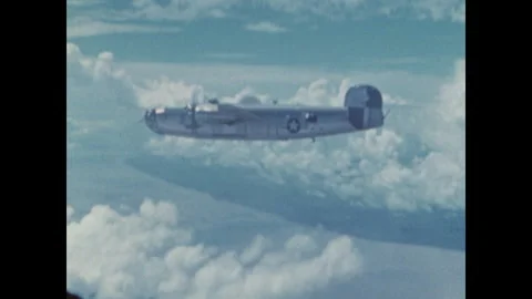 B-24 aircraft return to base, crew seen in flight and on ground WW2 July 1945 Stock Footage 253129849