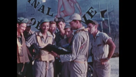 B-24 bomber crew prepares to drop surrender leaflets over Shanghai WW2 July 1945 Video stock 253129826
