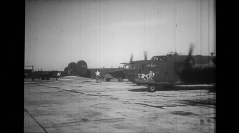 B-24 Liberators on runway ready to take off and taxiing Stock Footage