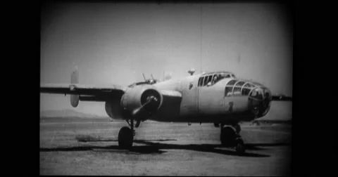 B-25 Mitchell bomber taking off from runway Stock Footage 43396337