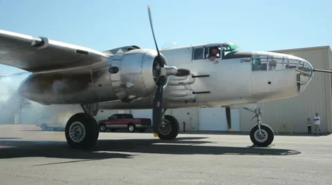 B-25 Mitchell Engine Start Up Stock Footage 10844367