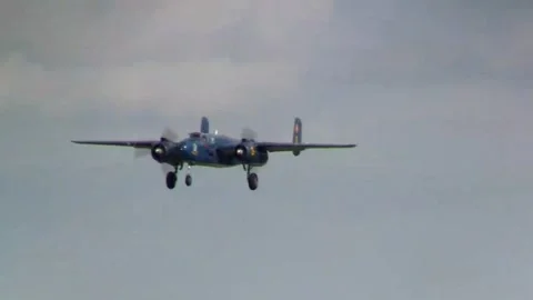 A B-25J bomber, the "Devil Dog", comes in for a landing close-up 動画素材 147165828