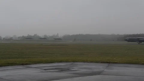 B-52 Bomber with drogue parachute arrives at Royal Air Force Base, England Stock Footage 84637375