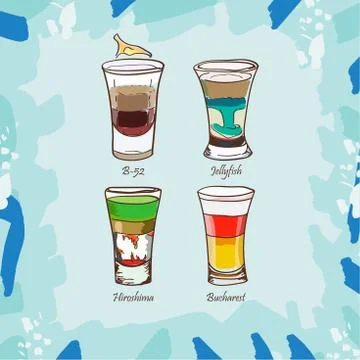 B-52, Hiroshima, Jellyfish, Bucharest cocktail illustration. Alcoholic classi Stock Illustration