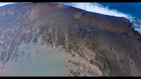 B 7: Bali Reef Shelf Aerial - Volcanic Rock &amp; Clear Blue Sea Stock Footage 331851730